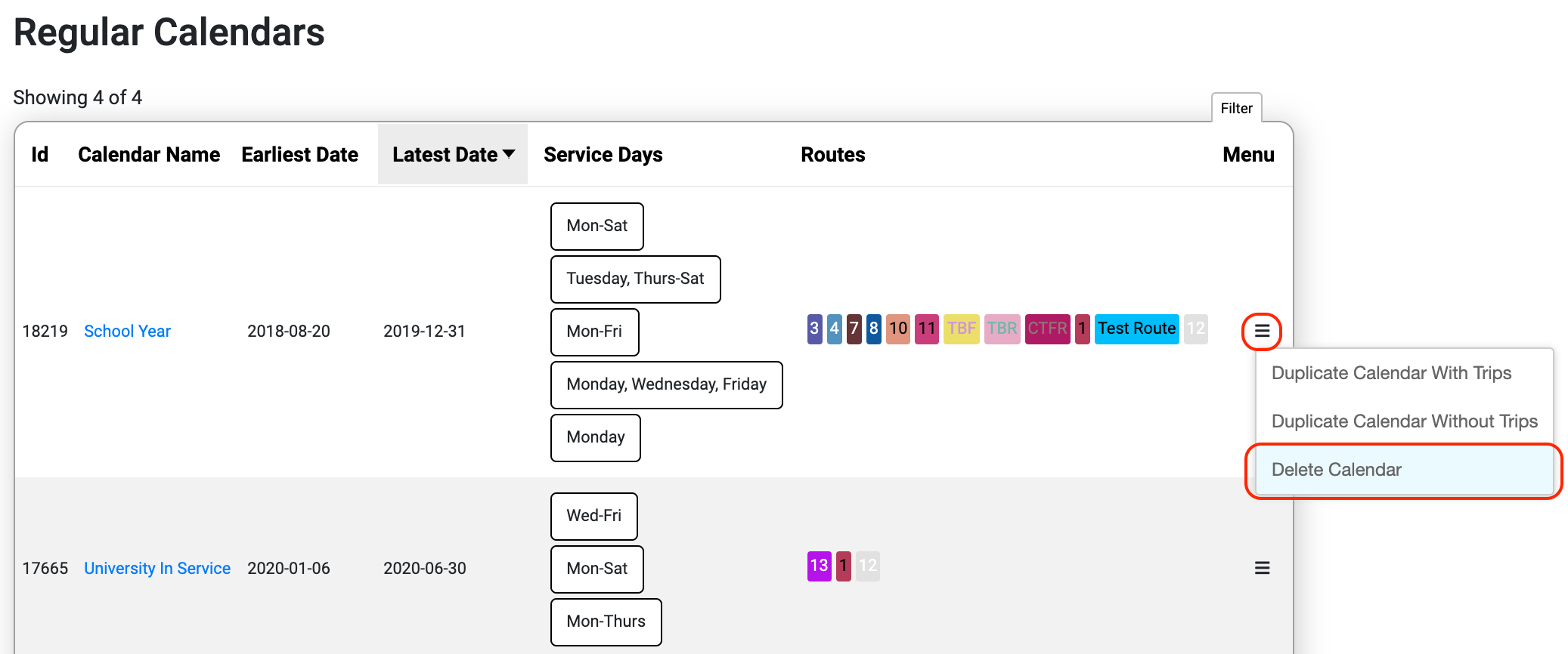 Delete a Calendar and/or Service Period Trillium Support